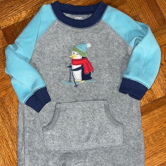 Carter’s fleece snap one piece with front pocket skiing penguin appliqué. 12m - Picture 2 of 3